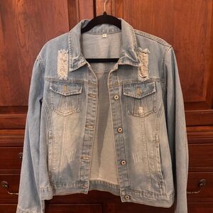 Light Blue Distressed Denim Jacket - Women's Classic Jean Jacket